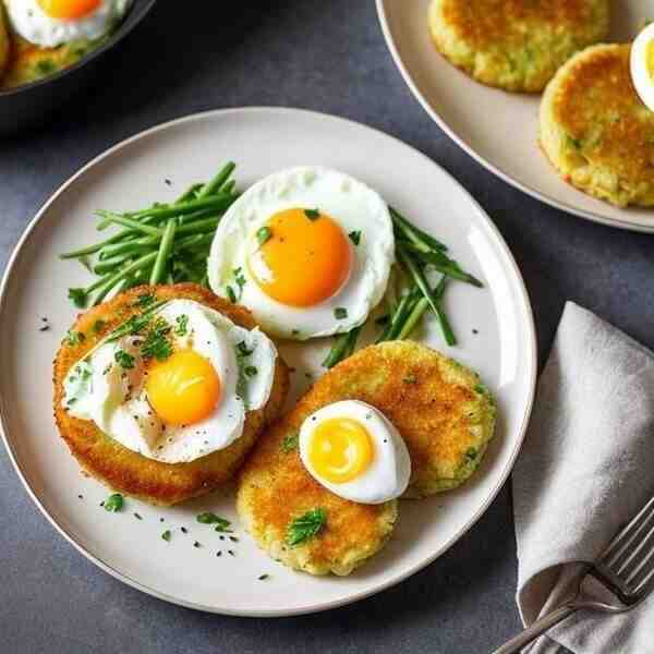 Котлеты картофельные с копчeной рыбой и яйцамипашот